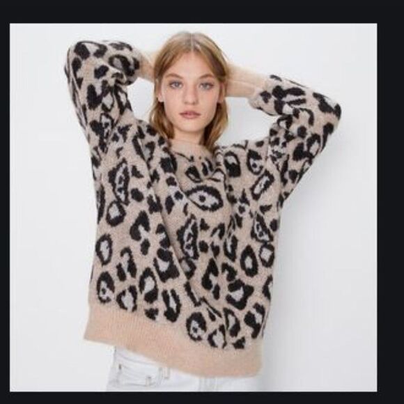 Zara Leopard Oversized Slouch Sweater Crewneck - Picture 1 of 14